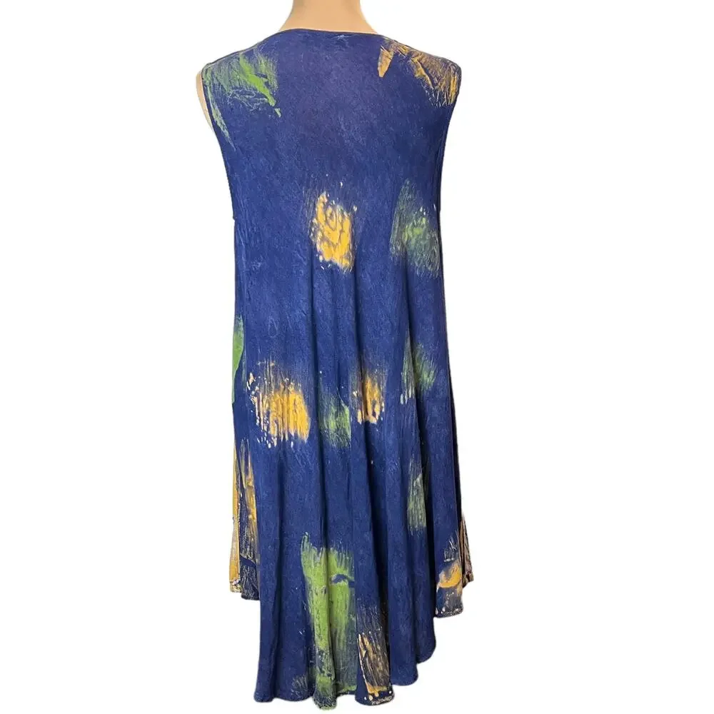 S.R. Fashion  Gauzy Midi Tie Dye Dress Navy Green Yellow  OS